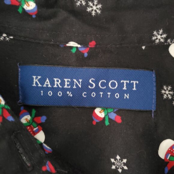 Vintage Karen Scott Snowman Print Christmas Button-Down Black Shirt Sz L Holiday - Picture 5 of 10